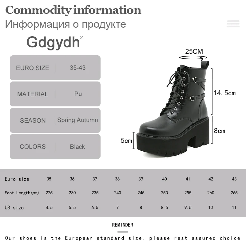 Gdgydh Mid Calf Boots Platform Goth Shoes Chunk Heels Black Leather Plus Size Side Zipper Rave Combat Boots for Women Lace Up