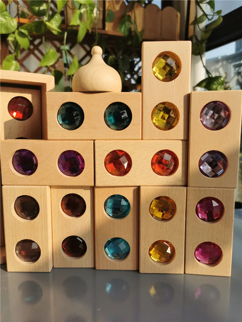 Kids Large Building Stacking Street Blocks Wooden Toys Double Sparkling Gemstones Crystal Gems