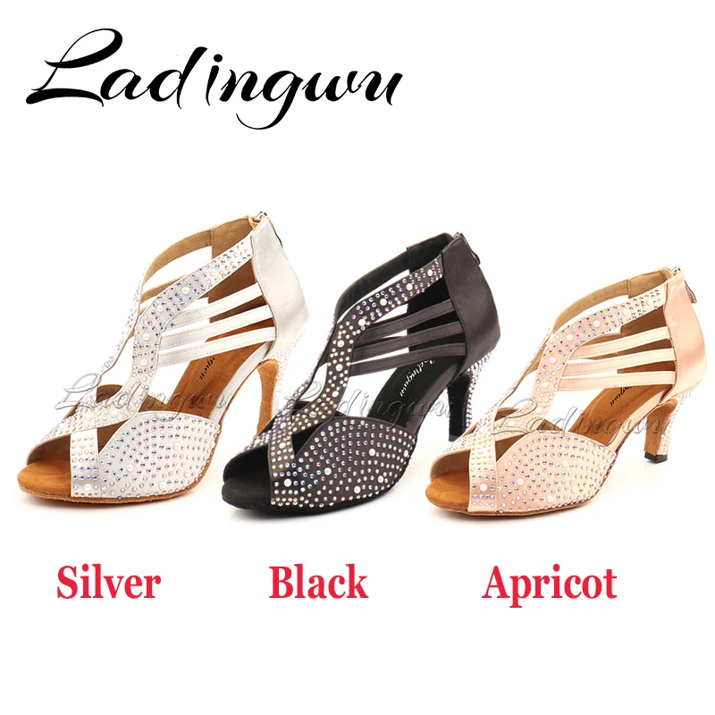 Ladingwu Rhinestone and Pearl Latin Dance shoes Women Cow fur Outsole Silver Black Skin Salsa Latin Dancing Shoes For Women