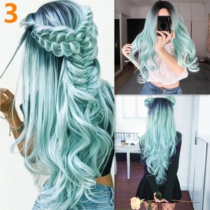 WHIMSICAL W Synthetic Long Wavy Ombre Black Mint Green Natural Heat Resistant Breathable Hair Wigs for Women