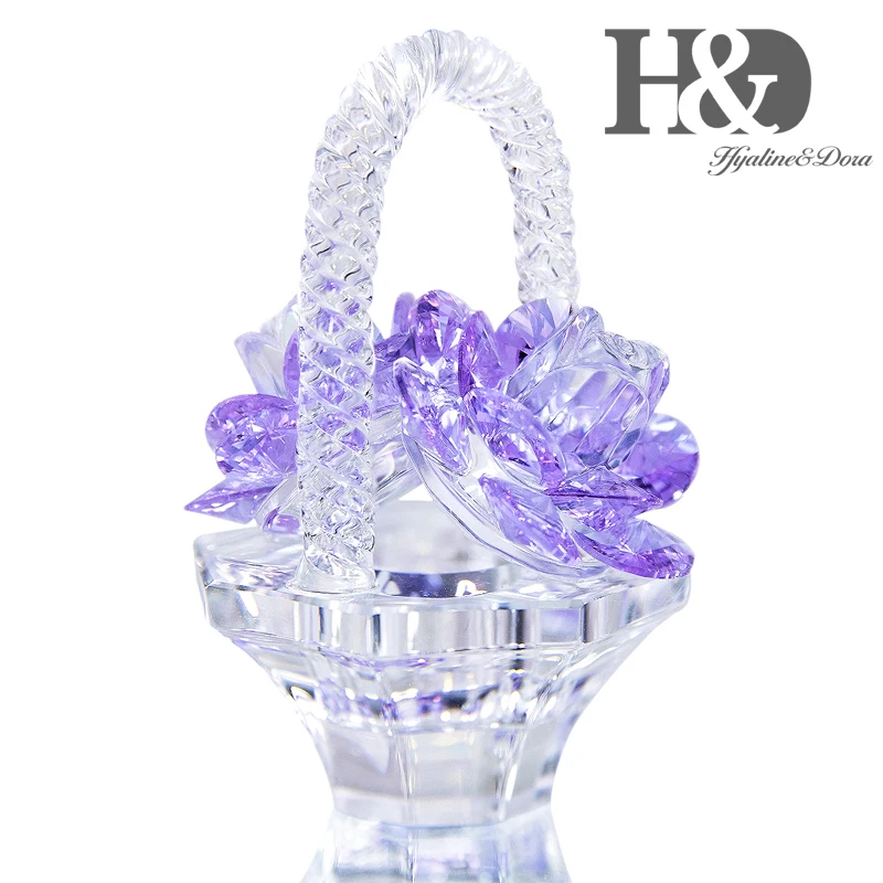 

H&D Crystal Rose Flower With Purple Crystal Glass Basket Figurines Collectible Ornament For Wedding Decor Birthday Gift