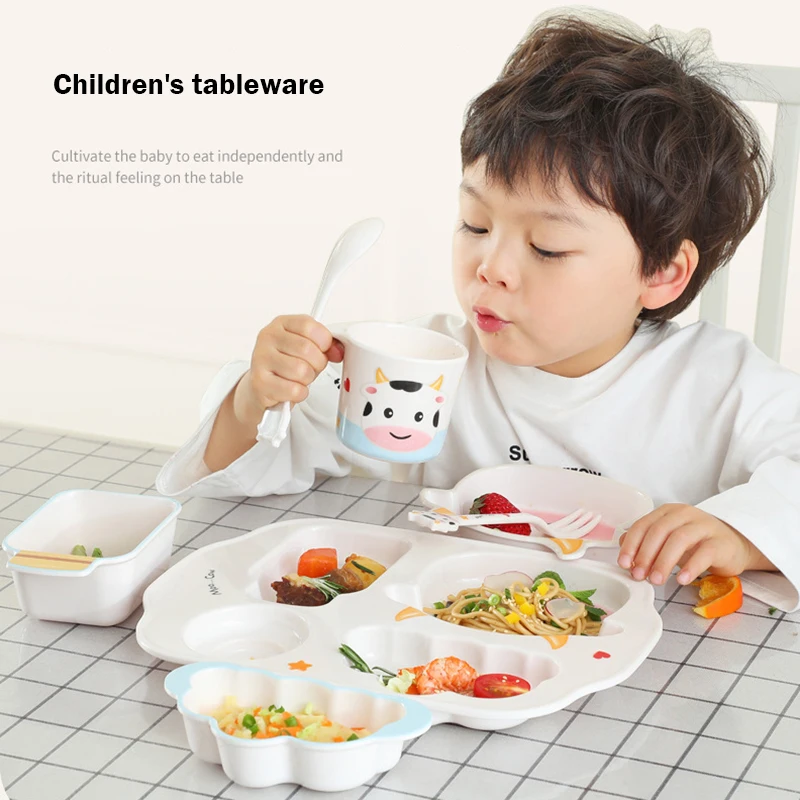 Cartoon Children's Tableware Set Baby Eating Bowl Training Supplementary Food Bowl Cow Cat Rabbit Baby Dinner Plate Fork Spoon