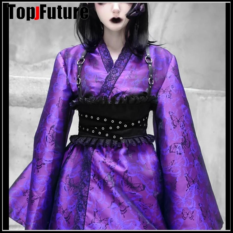 

women girl Purple Butterfly Dream Gothic Lolita punk vibration sleeve singer's improved LONG kimono Gothic Lolita cosplay dress