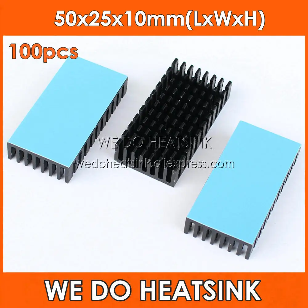 

WE DO HEATSINK 100pcs 50x25x10mm Black Slotted Anodized Aluminum Heat Dissipation Heatsink Cooler With Thermal Pads Applied