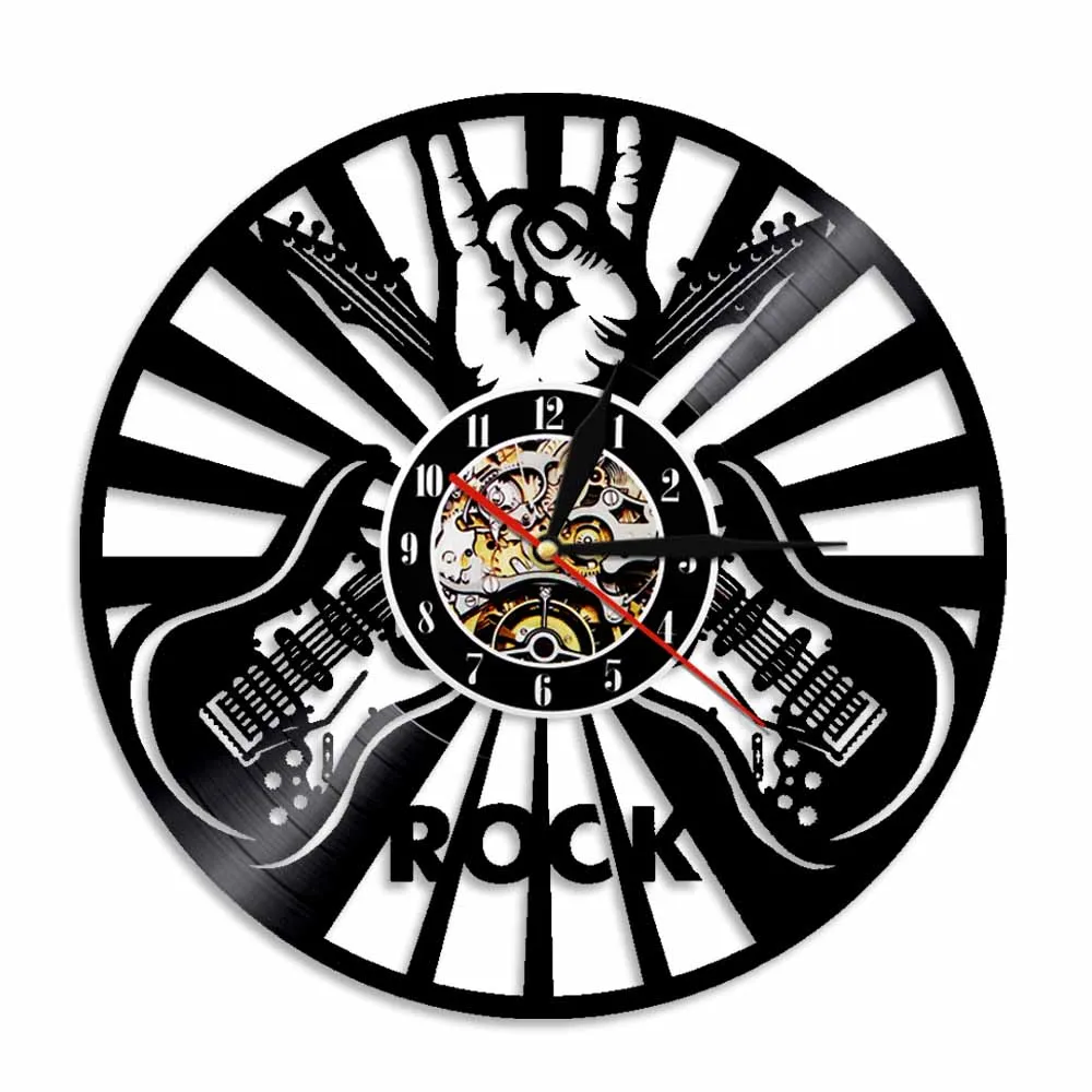 Rock N Roll Rock Hand Sign Wall Clock Creative Music Instrument Vinyl Record Wall Clock 3D Wall Watch For Living Room Decoration