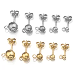20pcs Gold Surgical Stainless Steel 3 4 5 6 8mm Round Ball Earrings Stud Post with Loop Fit DIY Earring Jewelry Making Craft