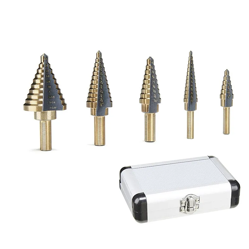 JUSTINLAU 5pc Large Cobalt Step Drill Bit with Case HSS Step Titanium Core Drill Multiple Hole Cutter Drill Bit Set Tool