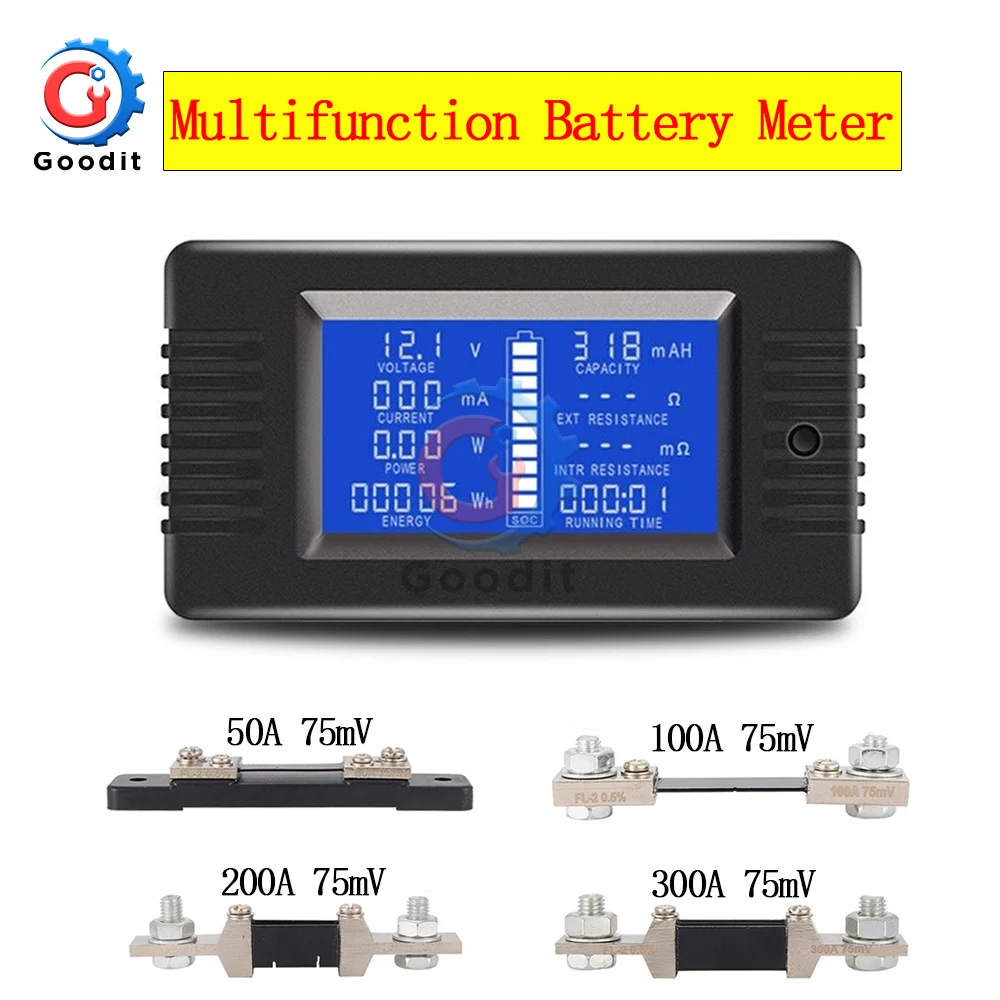 PZEM-015 0-200v 0-300A Digital Ammeter Voltmeter Energy Meter Car Battery Capacity Tester with 50A 100A 200A 300A 75mV shunt