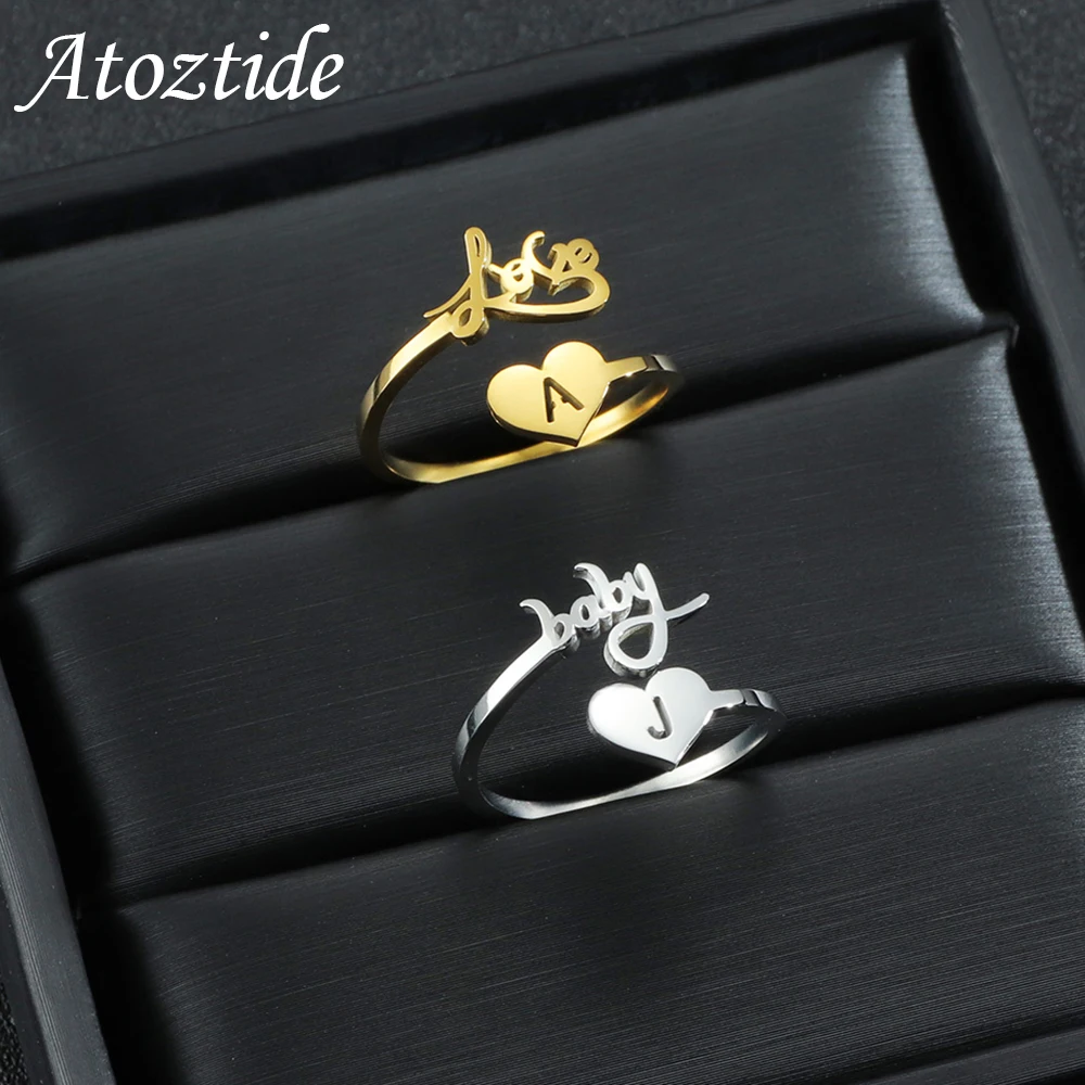 Atoztide Customized Name Ring Stainless Steel Hollow Letter Adjustable Nameplate Rings for Couple Women Jewelry Wedding Gifts