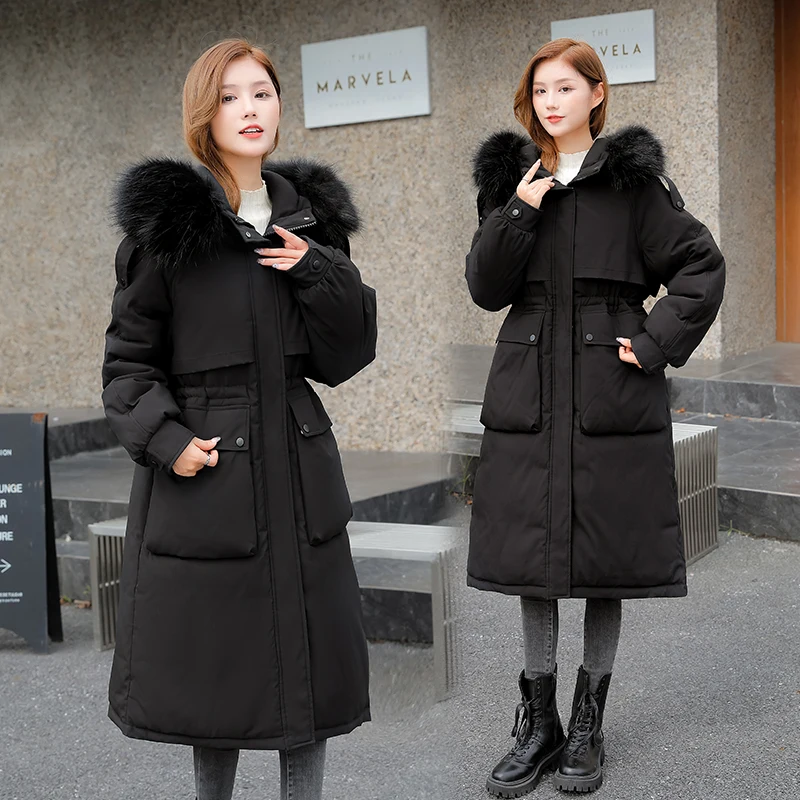 New big fur collar winter jacket thick warm down cotton mid-length outer parka coat women waist large size jacket jacket women