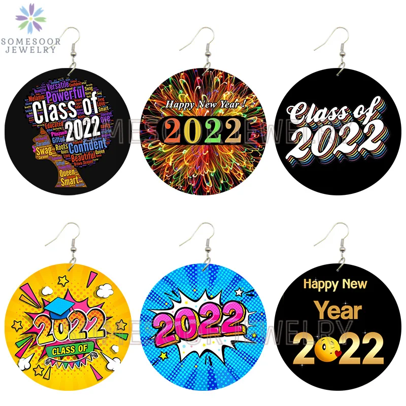 

SOMESOOR Happy New Year 2022 Class Print Wooden Drop Earrings Powerful Sayings Queen Africa Loops Dangle Jewelry For Women Gift