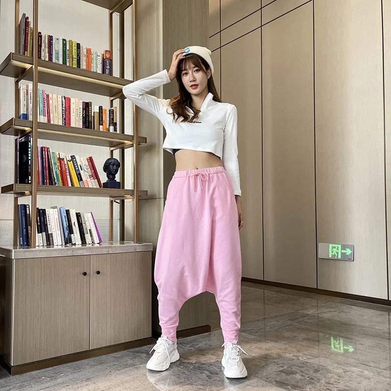 Baggy Pink Sweatpants Women Autumn Elastic Waist Cross-Pants Loose Causal Elastic Cotton Lantern Wide Leg Joggers Trousers