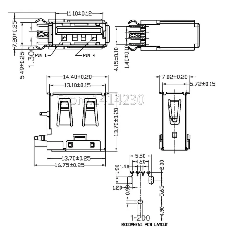 10Pcs USB Type A Female Solder Jacks Connector Side Needle 4Pin 90 Degree USB Data Interface Length 14mm