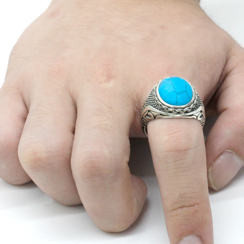 Hot Sale 925 Sterling Silver Ring Vintage Antique Natural Stone Ring Men\'s Punk Style Turquoise Ring High Jewelry Wedding Gift