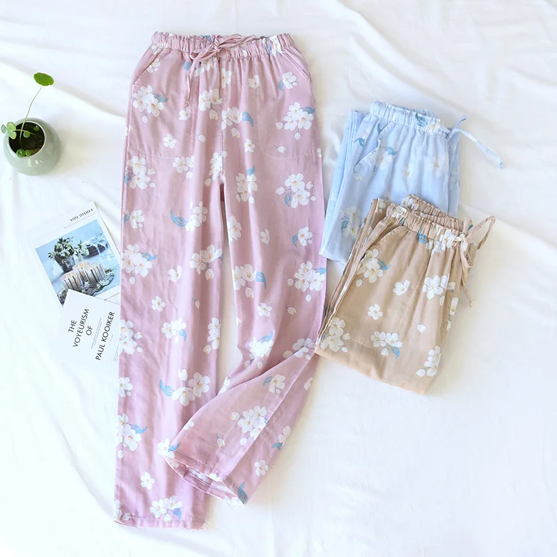 Women Summer Thin Sleep Bottoms 100% Cotton Floral Printing Loungewear Double Layer Gauze Home Pants Elastic Waist Sleep Wear