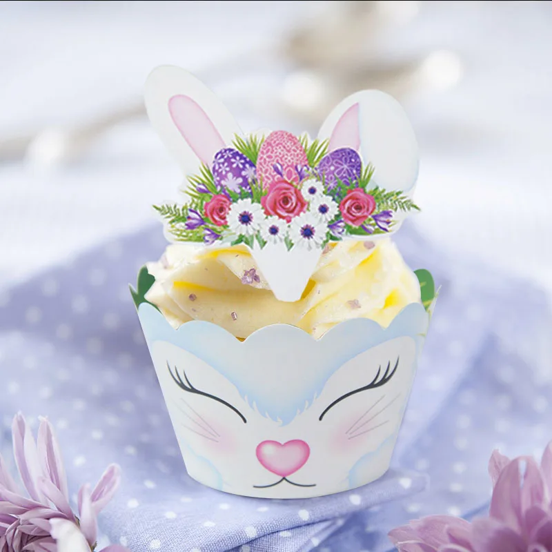 24pcs/set Cute Rabbit Paper Cupcake Wrapper Easter Party Bunny Cake Toppers Birthday Party Baby Shower Baking Dessert Decoration