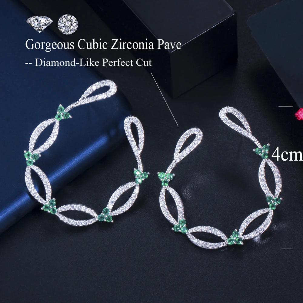 ThreeGraces Trendy Korean Style Green CZ Crystal Big Geometric Dangle Drop Earrings for Women Wedding Engagement Jewelry ER622