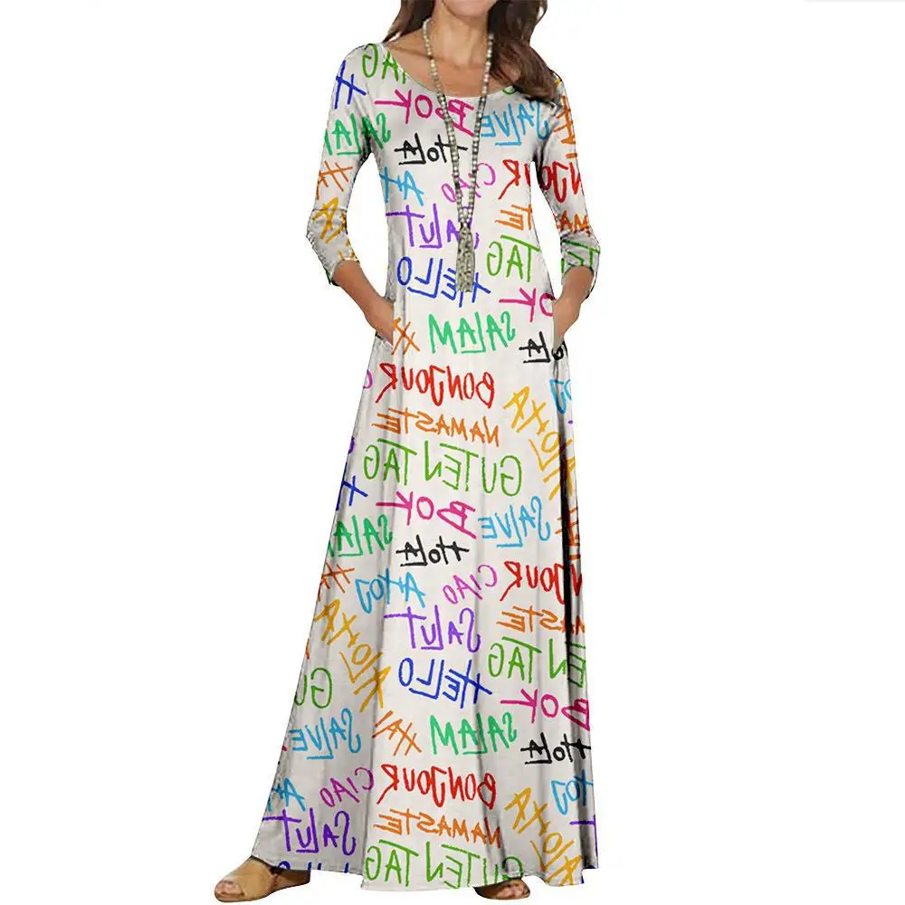 Spring Autumn Women Floral Print Long Dress Casual Long Sleeve O-neck Maxi Dress Ladies Fashion Holiday Party Lady Dresses  Robe