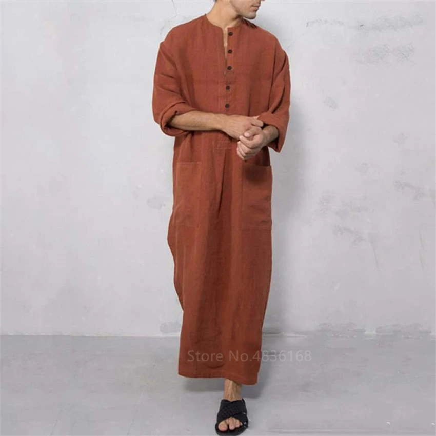 Muslim Fashion Clothing for Men Jubba Thobe Robe Arabic Dress Abaya Men Kafatan Islamic Clothing Round Neck Button Jubba Thobe