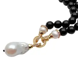 Y·YING Natural Black Round Smooth Onyx White Pearl Necklace Keshi Pearl Pendant 18