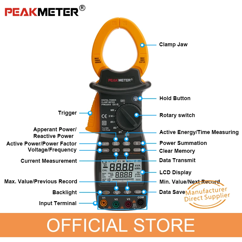 PEAKMETER PM2203 3-Fase LCD Digitale Professionale Ad Alta Sensibilità Morsetto Misuratore di Potenza di Correzione del Fattore di Dati di Log Rs232