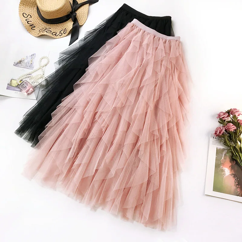 Fashion Tutu Tulle Skirt Women Long Maxi Skirt 2024 Spring Summer Korean Black Pink High Waist Pleated Skirt Female