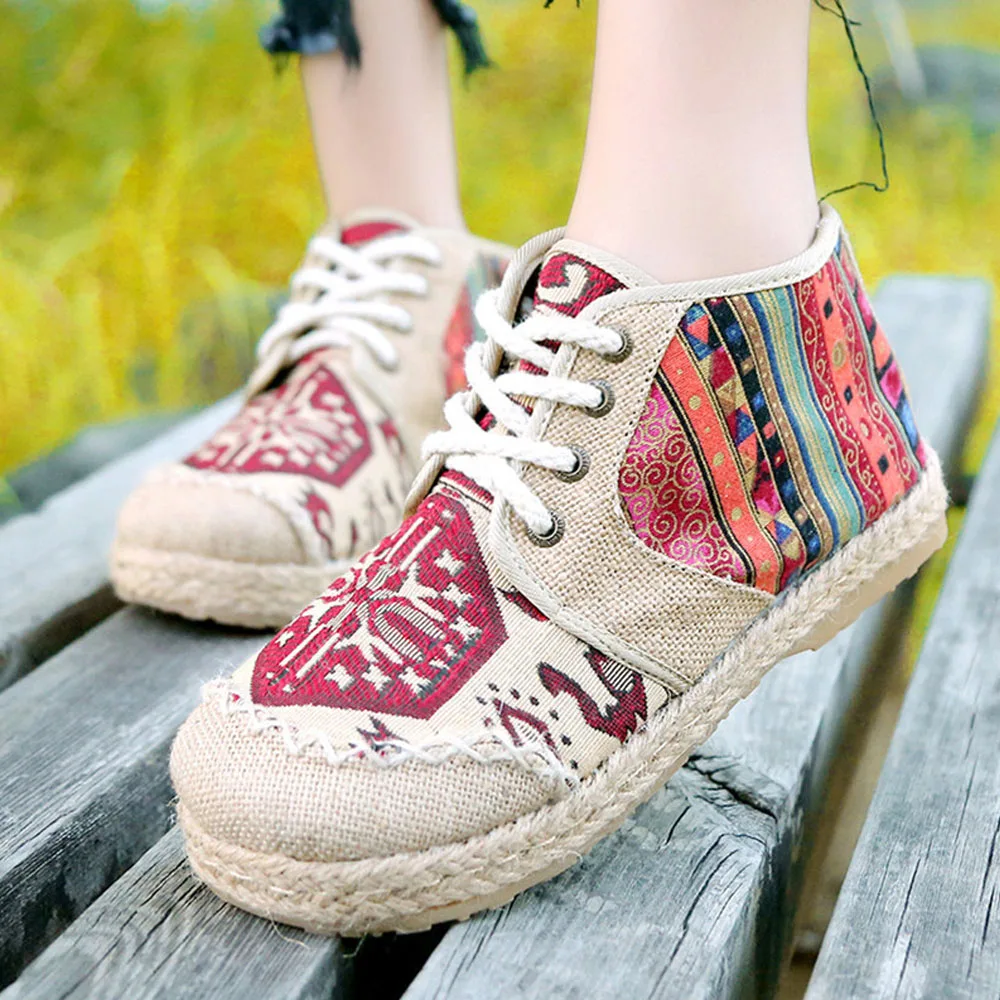 Vintage Embroidered Women\'s Shoes Boho Cotton Linen Canvas Single Country Knit Round Toe Lace-up Cloth Shoes Women\'s Flats