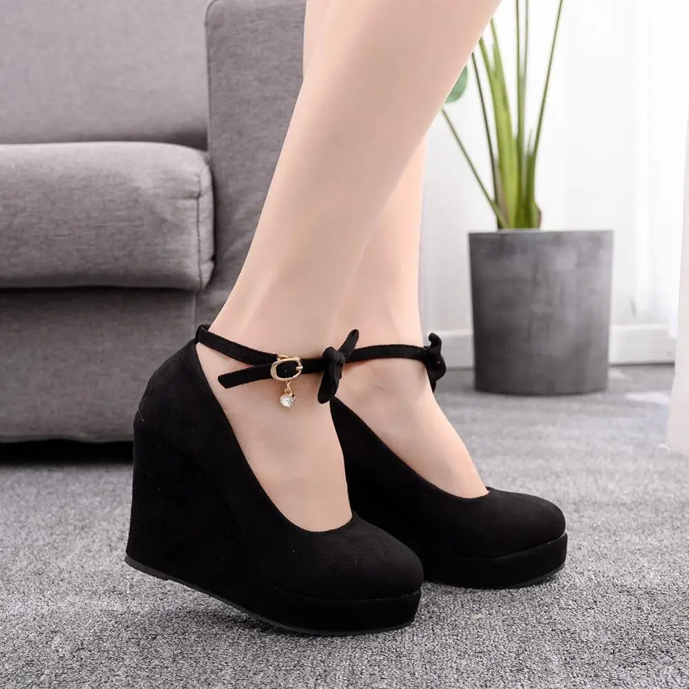 

Women Shoes High Heels Red Bow Shoes Heels Flock Leather Pumps Spring Black Wedges Wedding Party Wedges Sandals