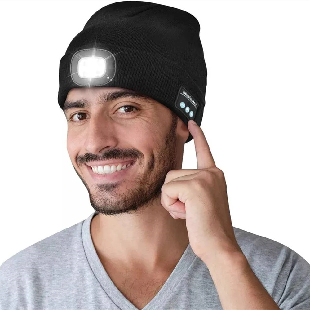 Unissex bluetooth farol chapéu fones de ouvido gorro com led música boné built-in alto-falantes & mic fones de ouvido para correr caminhadas esporte