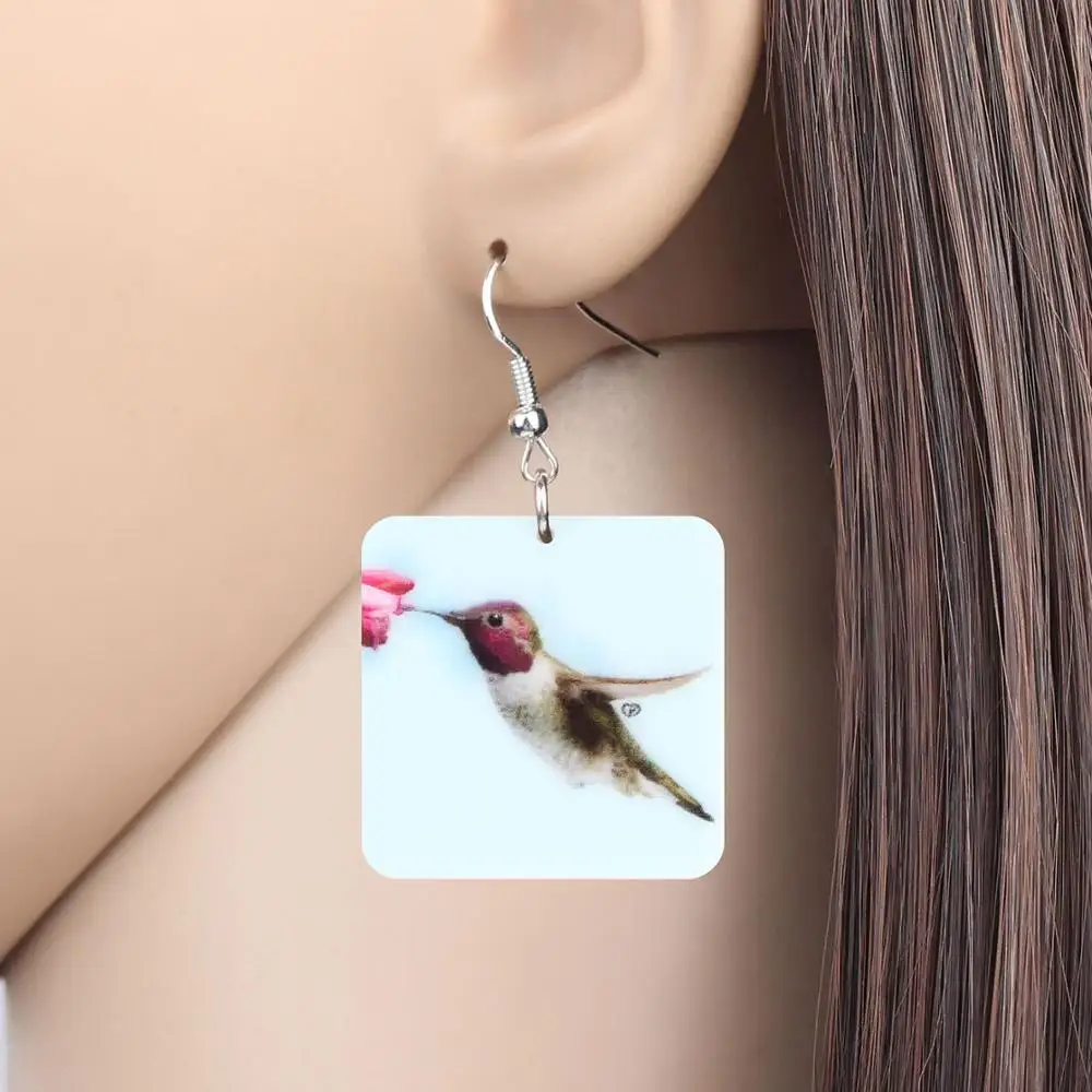 Bonsny Acrylic Square Hummingbird Earrings Big Flower Realistic Bird Animal Dangle Drop Jewelry For Women Girls Gift Accessories