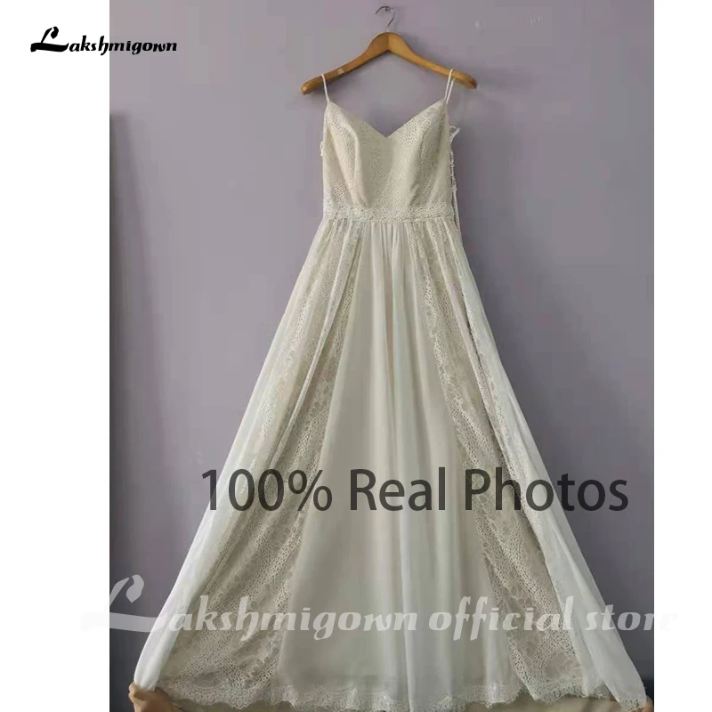 Laksh migown Strand Brautkleider Spitze und Chiffon Sommer Spaghetti träger rücken frei Böhmen Brautkleid abiti da sposa