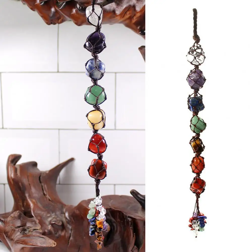 Seven-color chakra natural crystal stone car pendant 7 Chakra Tumbled Gemstone Tassel Hanging Ornament Stones Car Decor