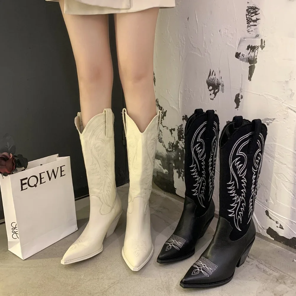 Fashion Embossed Microfiber Leather Women Boots Pointed Toe Western Cowboy Boots Women Knee-High Boots Chunky Wedges Boots Women