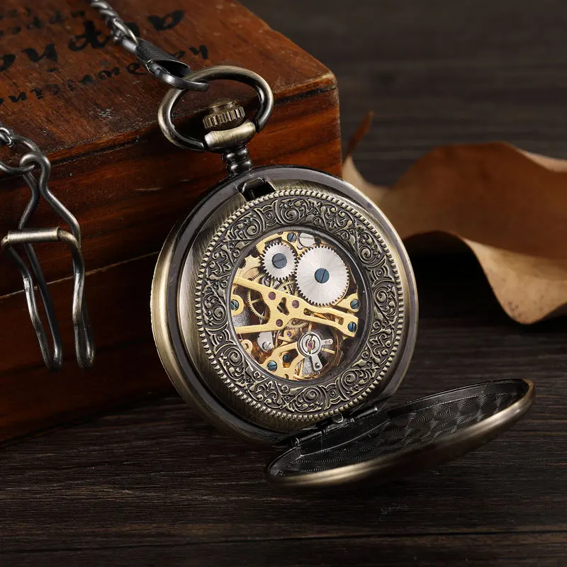 Double Sided  Mechanical Pocket Watch Men Hollow Steampunk Skeleton Hand Wind Vintage Pocket & Fob Watch Male Clock Waist Chain