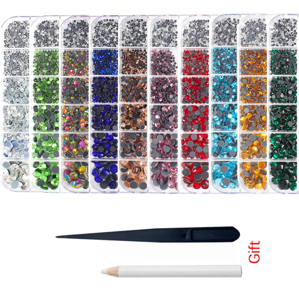 Hot Sale New Set 1200pcs 12 grid boxs Crystal Rhinestones Hotfix ss6-ss30 mixed size Glitter Glass Rhinestone Iron-on gem Strass