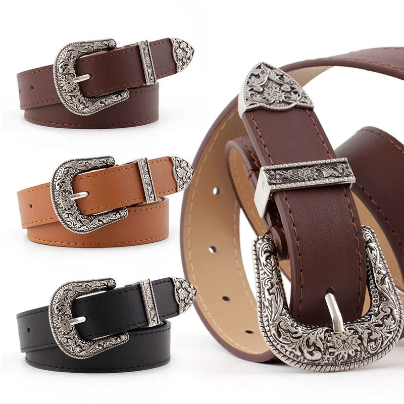 Vintage Adjustable Boho Western Belt Women Black Brown Leather Belt Female Cowboy Hight Waist Belts for Ladies Jeans Dresses