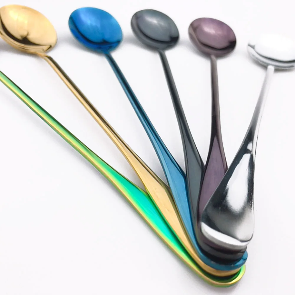 Colorful Rainbow Black Coffee Dinner Dessert Spoons Table Teaspoon Round Scoop Long Handle Spoon Dinnerware Salad Drinking 1pc