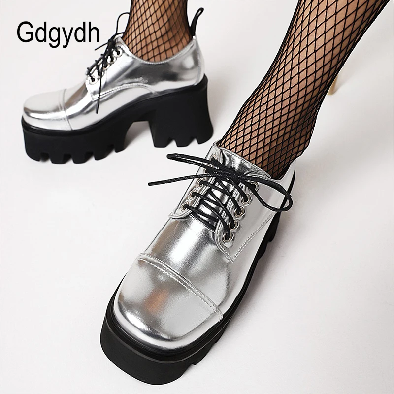 Gdgydh New Fashion Silver Platform Shoes Harajuku Japanese School Shoes Women Chunky Heel Light Comfortable Gothicgirl Lace Up