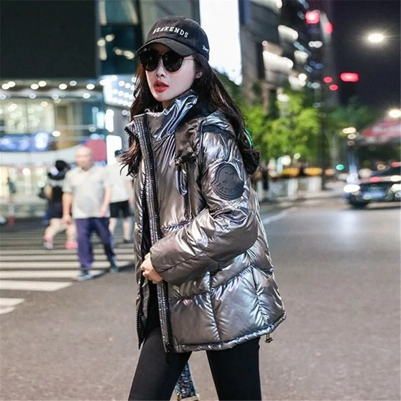 2019 Female Glossy Winter Down Cotton Padded Jacket For Women Thick Bright Black Short Shiny Jacket Silver Cotton Parkas