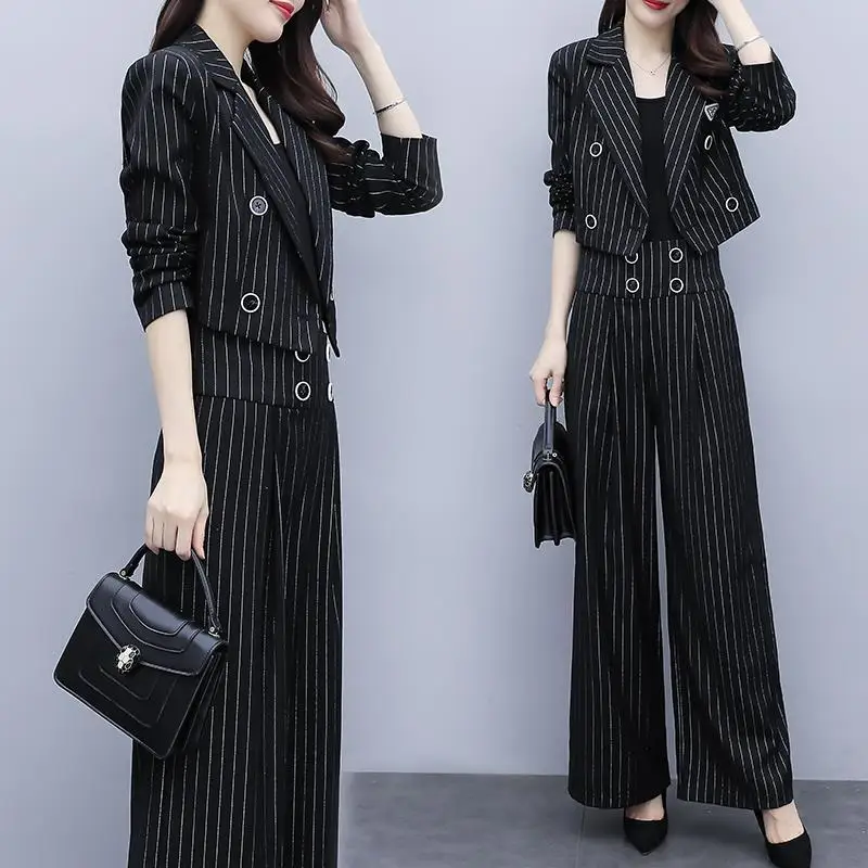 Fashion Vintage Casual Blazer Women's Office Slim Jacket Or High Waist Wide Leg Pants Stripe Female Harajuku Loose Comfortable