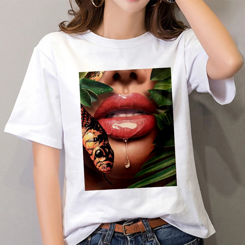 

New Women's clothing Harajuku Sexy Lips Printing T-shirt Summer Casual Short Sleeve T shirt Fashion Streetwear White Tops Tshirt