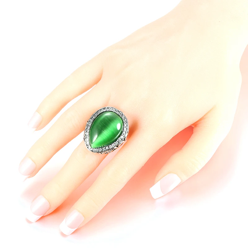 Kinel Female Water Drop Green Opal Big Rings Antique Silver Color Vintage Jewelry For Wedding Party Ring WK-2000