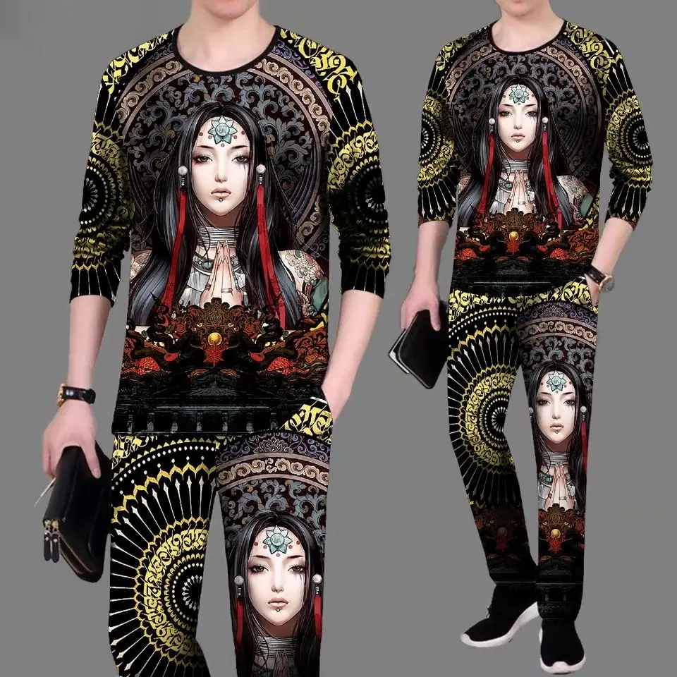 New men\'s sportswear suit male 3D personality girl pattern long-sleeved casual slim T-shirt trousers 2-piece printed clothes