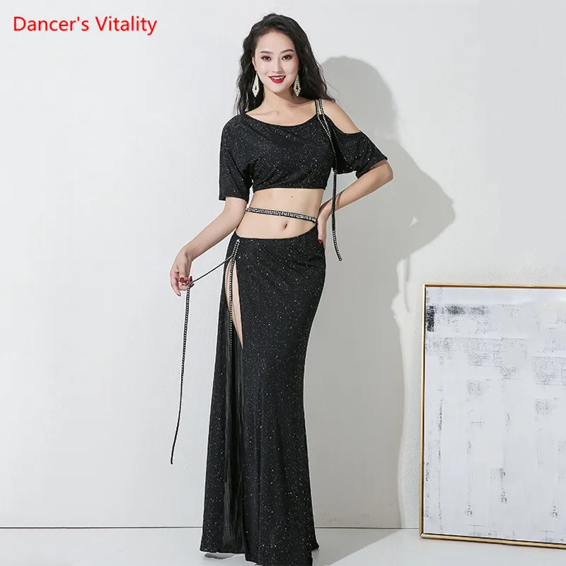 Belly Dance Set Sequins Top Long Sleeve Split Skirt Practice Clothes Suit Female adult High Waist Performance Clothing