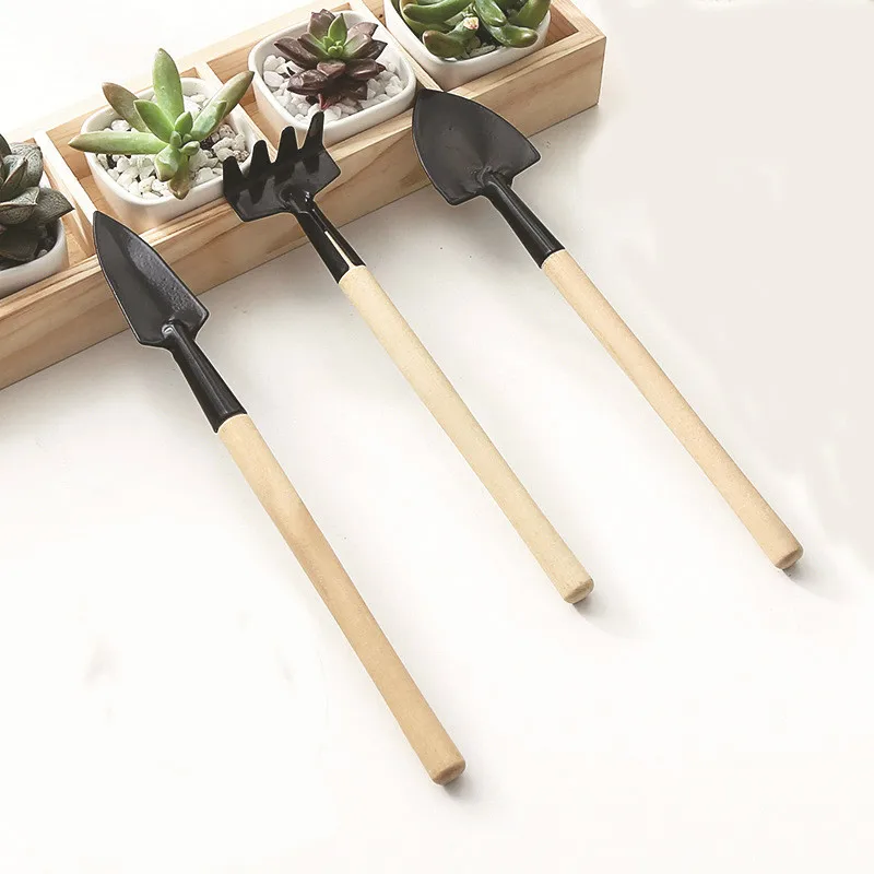 3pcs Set Mini Gardening Tool Small Rake Shovel Spade Fairy Garden Accessory Wood Handle Iron Head Plant Potted Digging Tool