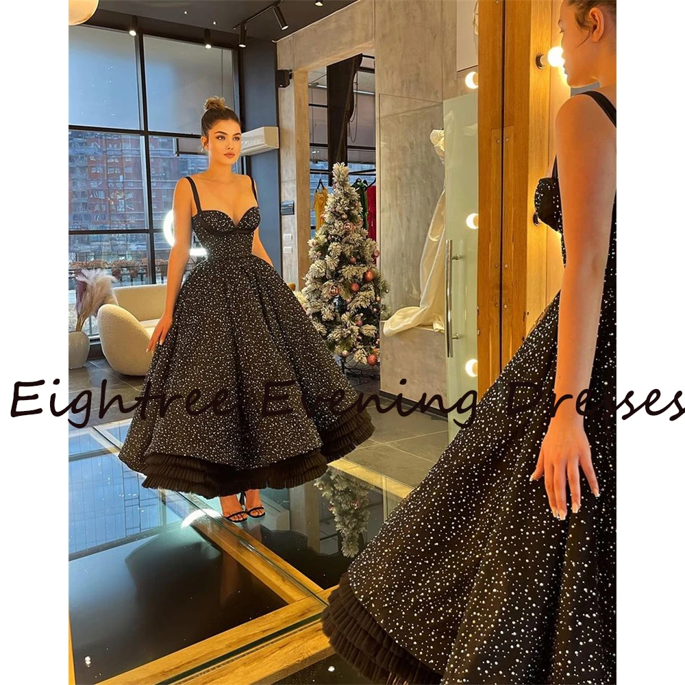 Modern Royal 2022 Dots Black Short A Line Dubia Prom Dresses Spaghetti Sweetheart Evening Prom Ball Gowns Formal Party Dress