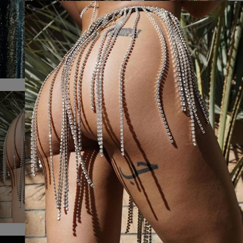 Sparkly Rhinestone Tassel Body Chain Skirt 2021 New Arrival Sexy Shine Handmade Nightclub Big Ass Chain Beach Mini Skirt Jewelry