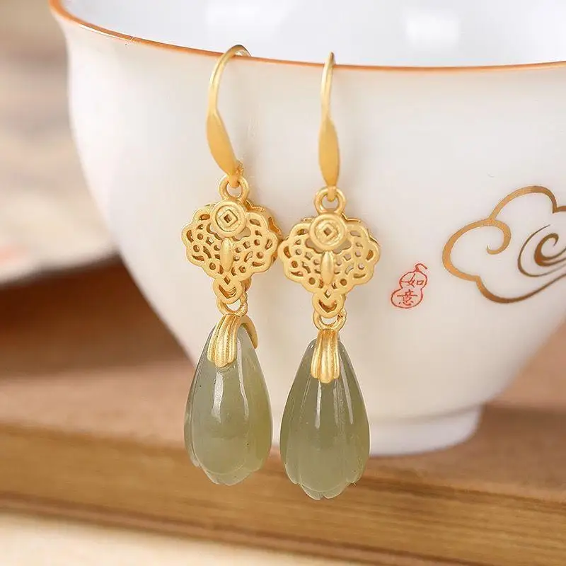 Original natural Hetian jade fresh orchid earrings Chinese style retro unique ancient gold charm women's silver jewelry