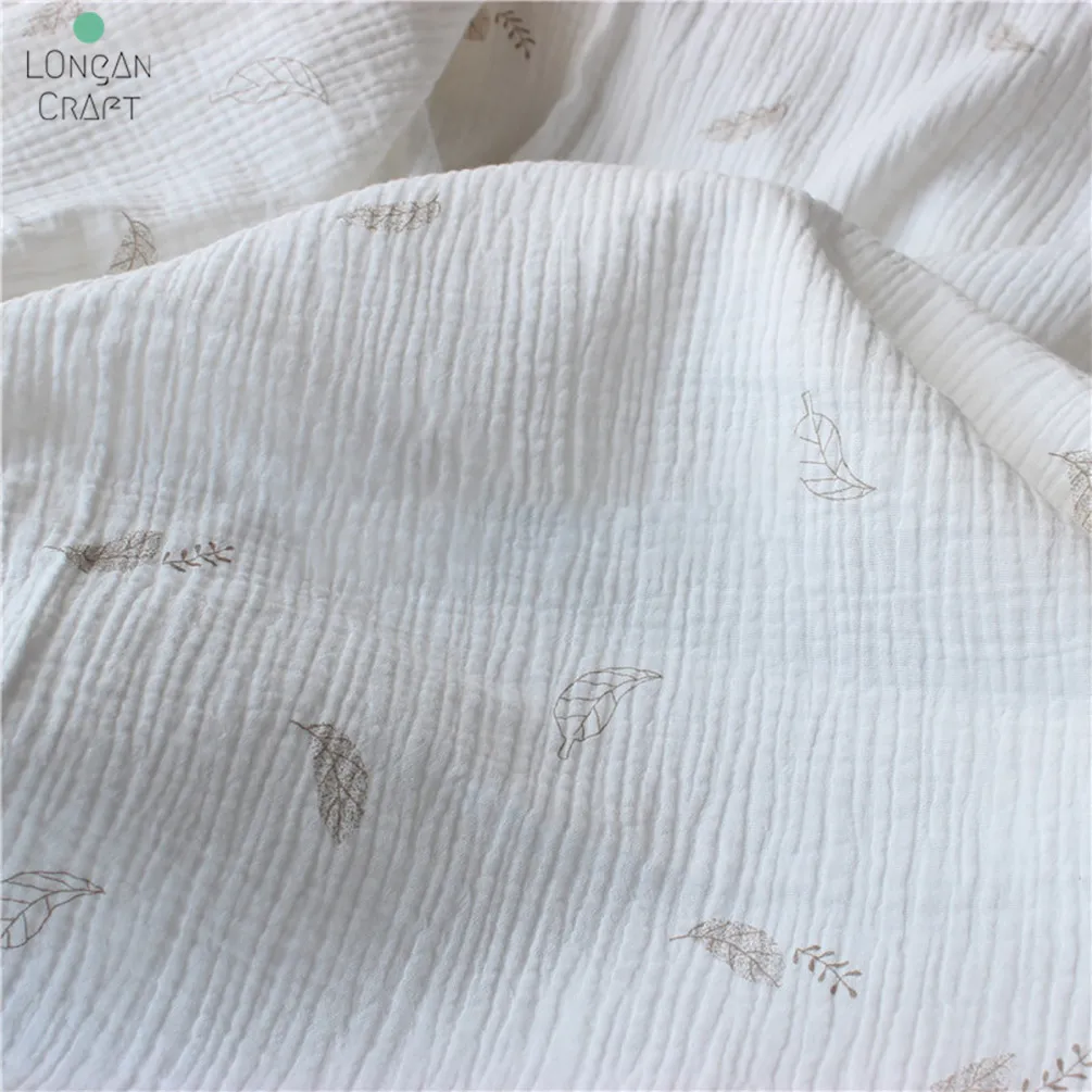 50X135cm Soft Leaves Print Cotton Sewing Fabric Crepe Double Layer Gauze Cloth Diy Towel Material