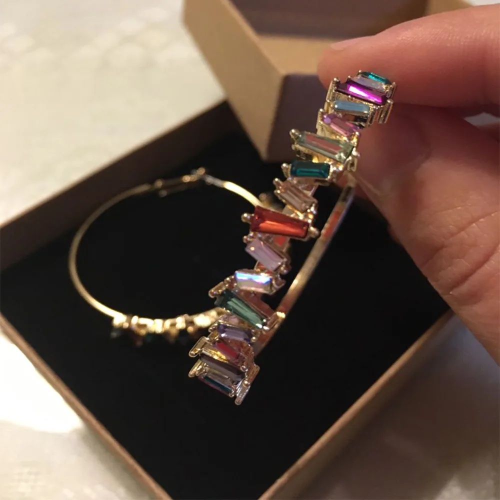 New Arrival Gold color Multi Color Baguette Rhinestone Statement Hoop Eearrings for Women Party  Box Packing Accessory Gift